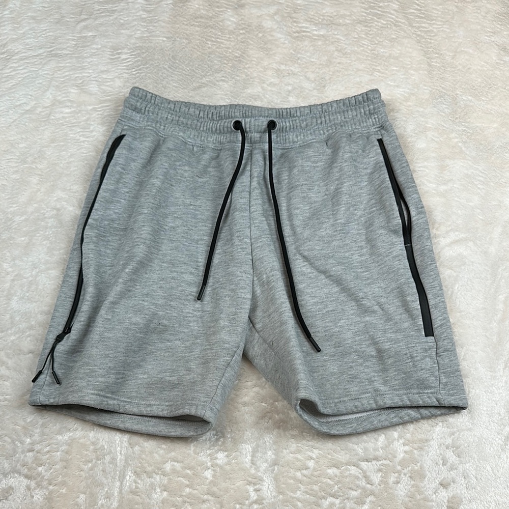 Gray and Black Athletic Shorts with Drawstring Waistband Large Side Zipper
